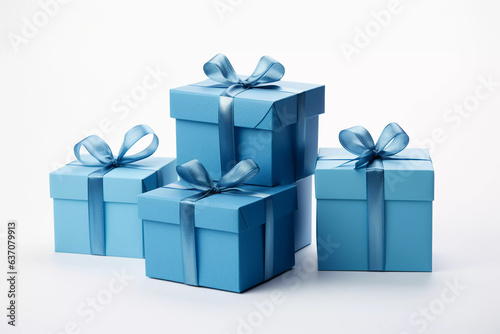 Blue gift boxes on a white background. March 8, birthday, new year, holiday, Valentine's Day, discounts, gifts, promotion. © Yuliya