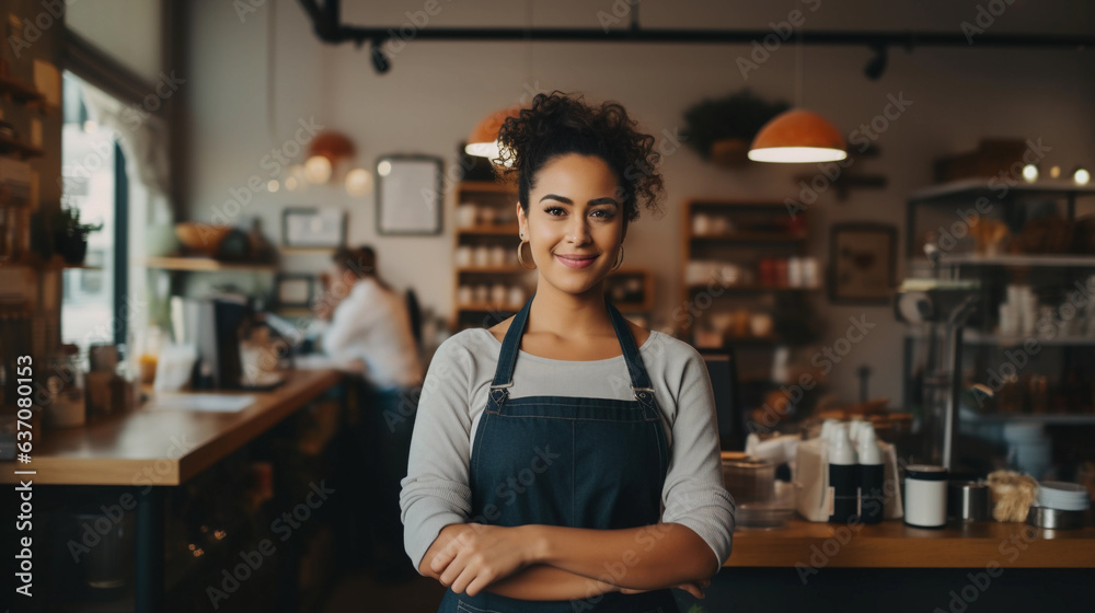 Young small business owner standing in her coffee shop, smiling with confidence and pride, happy, female worker Young small business owner standing in her coffee shop, smiling with confidence and pride, happy, female worker