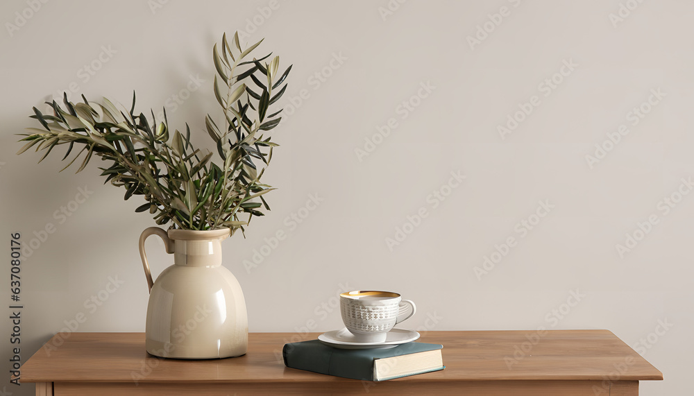 Cultured Comfort: Mediterranean Living Room with Vintage Vase and Coffee Bliss