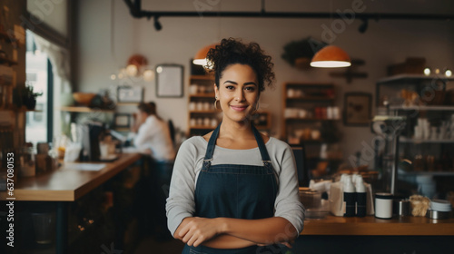 Young small business owner standing in her coffee shop, smiling with confidence and pride, happy, female worker