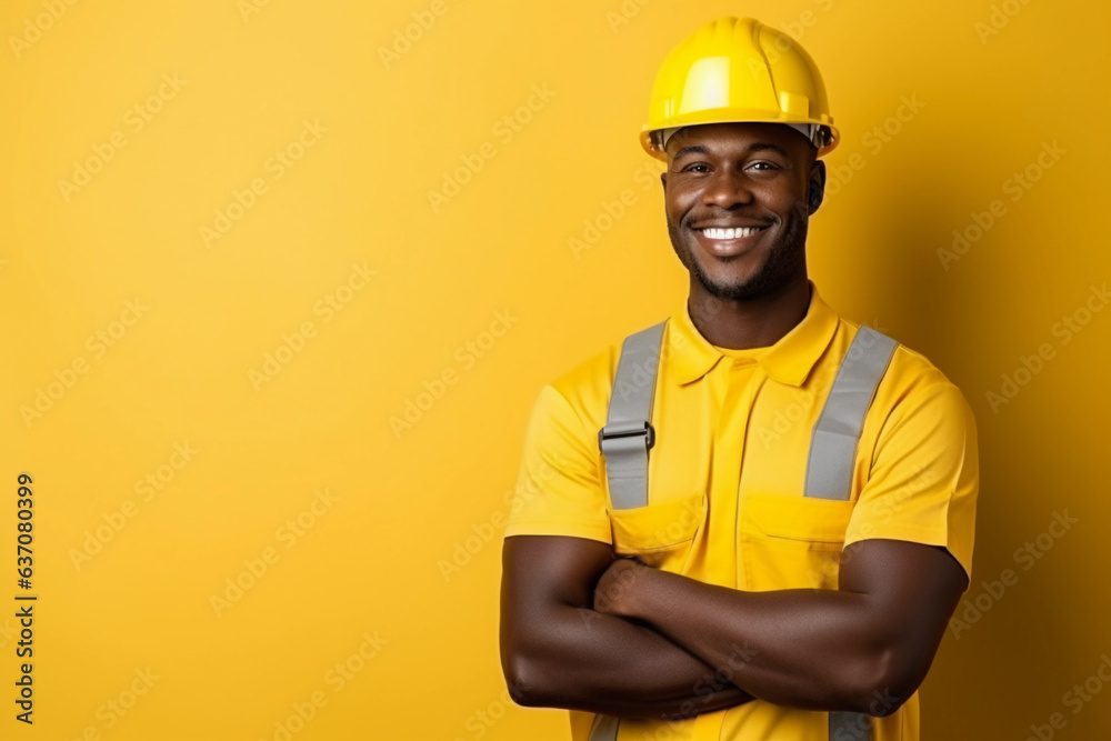 Smiling young handsome African electrician standing over yellow background
