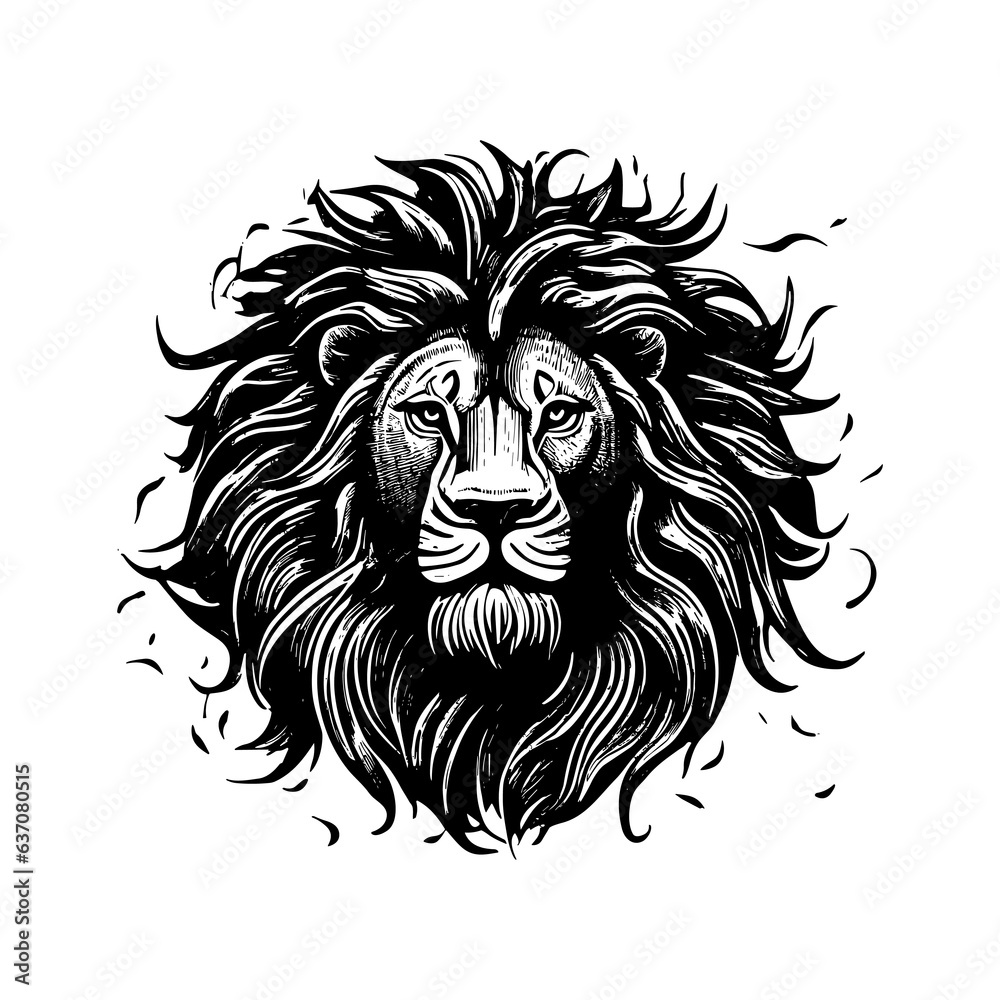 illustration of lion head in style of linocut engraving, woodcut, black and white, white background. illustration of lion head in style of linocut engraving, woodcut, black and white, white background.