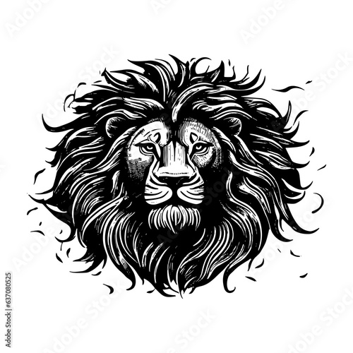 illustration of lion head in style of linocut engraving, woodcut, black and white, white background.