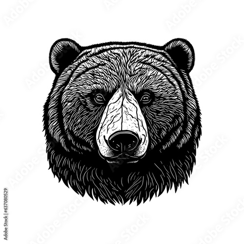 cartoon bear grizzly head in style of linocut engraving, woodcut, black and white, white background.