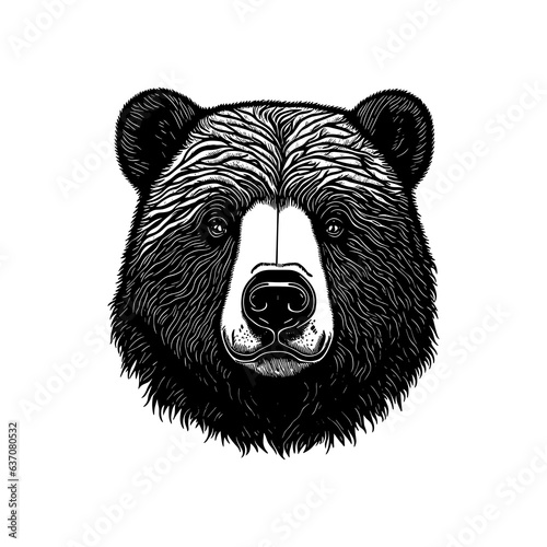 cartoon bear grizzly head in style of linocut engraving, woodcut, black and white, white background.