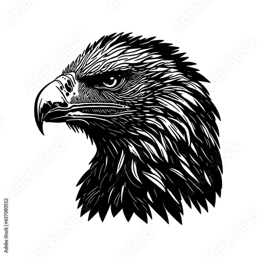 illustration of  eagle hawk falcon condor head in style of linocut engraving, woodcut, black and white, white background.