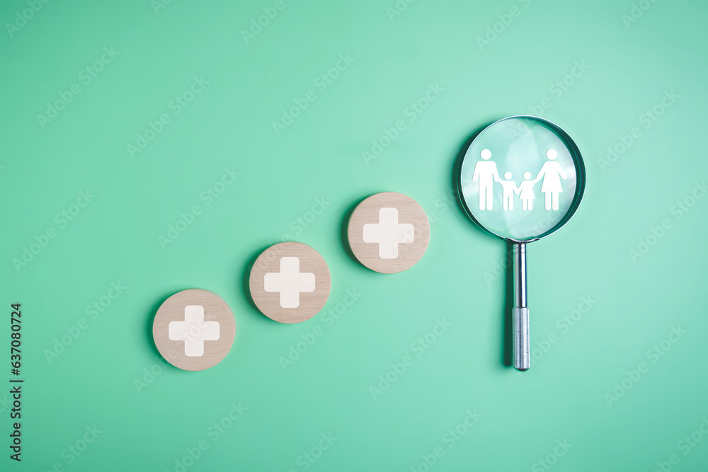 Magnifying glass with family and plus sign icons for medical and health care concept, Access to welfare health, People with health care, Health insurance, Family life insurance, Medical care insurance