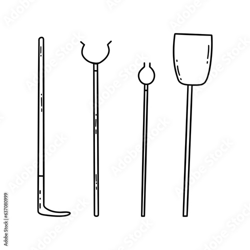 Kitchen utensils for the Russian stove in village. Fork and poker, wooden shovel. Tools for use. Old traditional Russian culture. Black and white vector isolated illustration hand drawn doodle