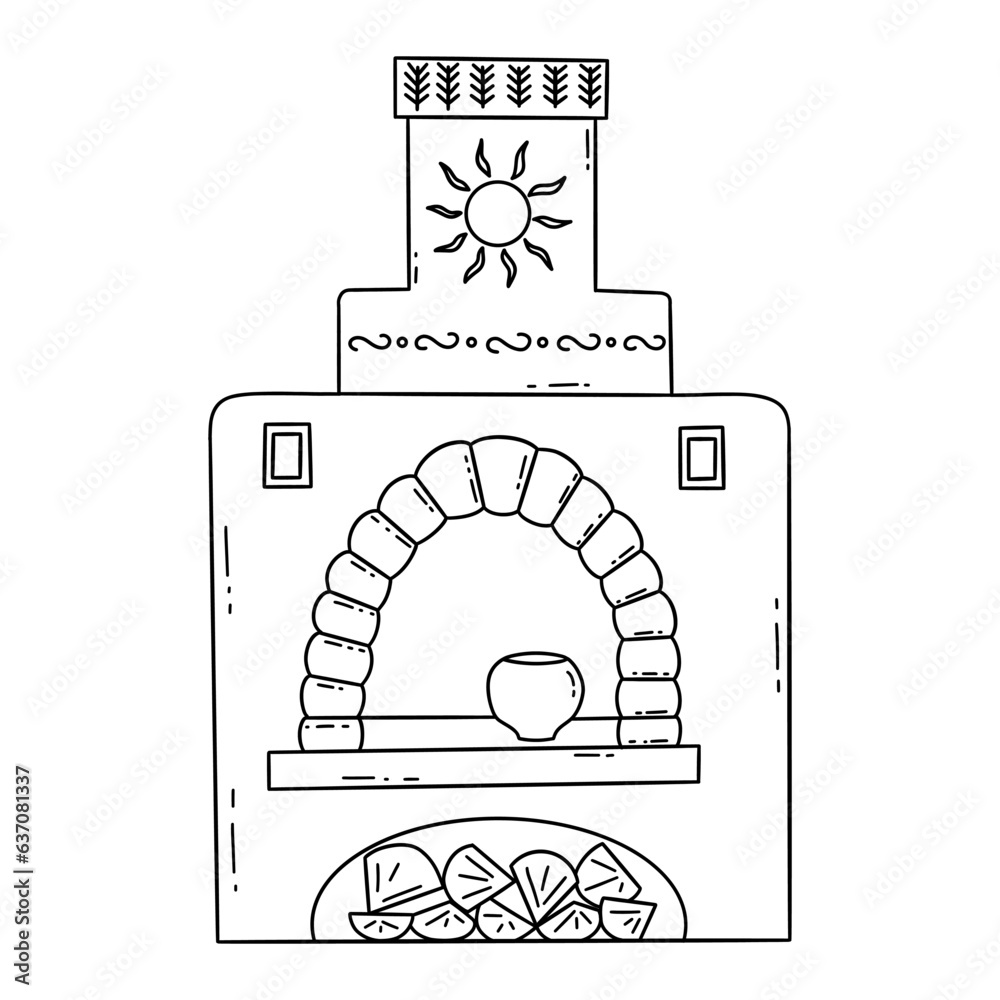 Russian stove with firewood and cast iron pot. Old traditional Russian