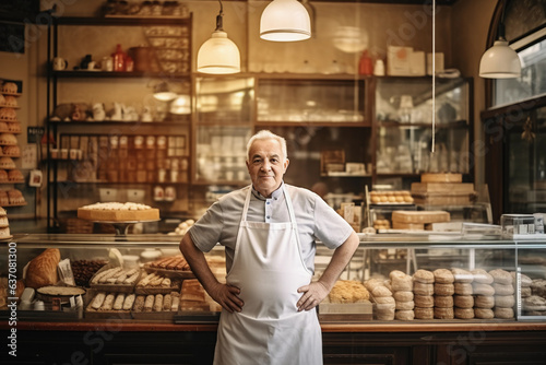 Middle age Pastry shop owner  mature happy baker standing in his shop  wearing a apron and hat