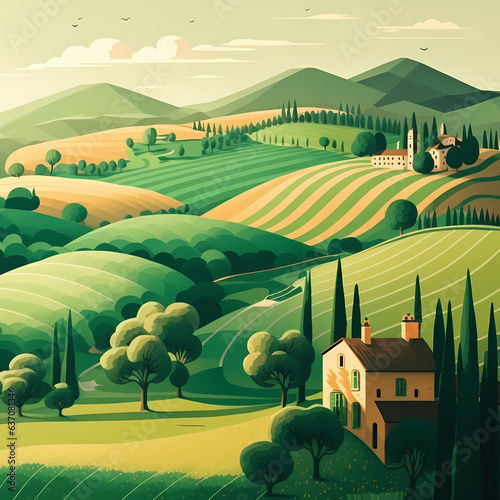 illustration of beautiful summer fields landscape with a dawn. Nature landscape. Poster. illustration background. AI generated