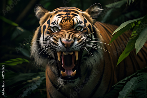 A Sumatran Tiger Roars in the Dense Jungle