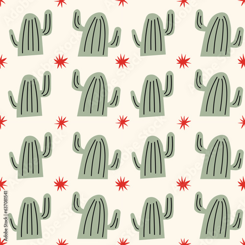 Seamless pattern in wild west style. Background with cactus and star. Boho. Western. Great for wallpaper, backgrounds, packaging, fabric, scrapbook