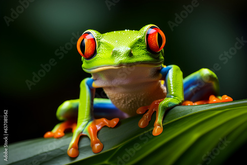 A Red-Eyed Tree Frog Peers Over A Large Leaf