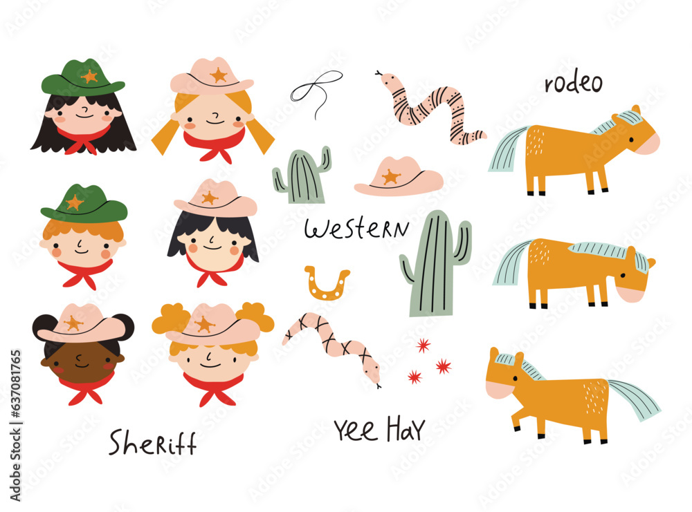 Set of Isolated Elements with Cartoon Cowboys, Snake, Cactus, Horses, Cowboy Hat, Lasso and Hand Lettering. Children's Wild West Design. Western. 