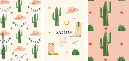A set card and patterns in wild west style. Western