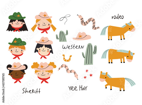 Set of Isolated Elements with Cartoon Cowboys, Snake, Cactus, Horses, Cowboy Hat, Lasso and Hand Lettering. Children's Wild West Design. Western. 