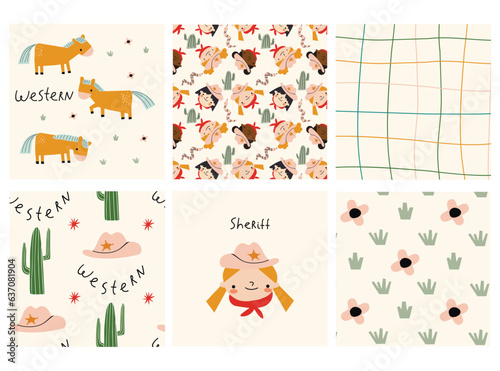 A set card and patterns in wild west style. Western.Vector backgrounds with cowboys,cactus,horseshoe,horse,snake,cowboy hat, boots,  Sheriff's badge and Abstract elements. Great for wallpaper, backgro