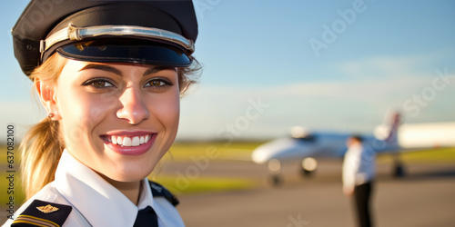 Captivating young female pilot in aviation uniform with aviator goggles, poised mid-right, against a hazy backdrop of an airplane on runway.