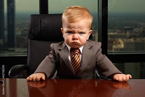 portrait of angry toddler in a suit sitting at desk in office, ai generated