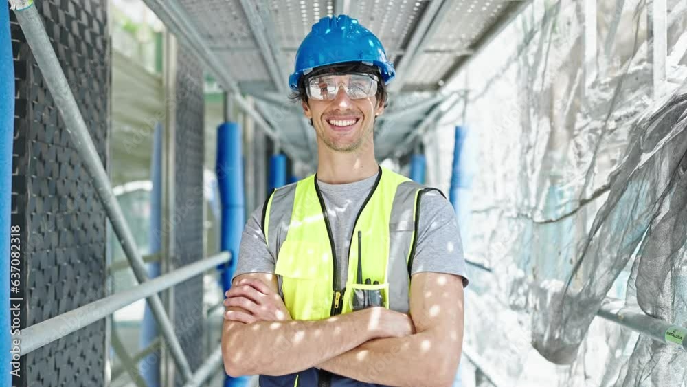Young hispanic man architect smiling confident standing with arms crossed gesture at construction place Young hispanic man architect smiling confident standing with arms crossed gesture at construction place