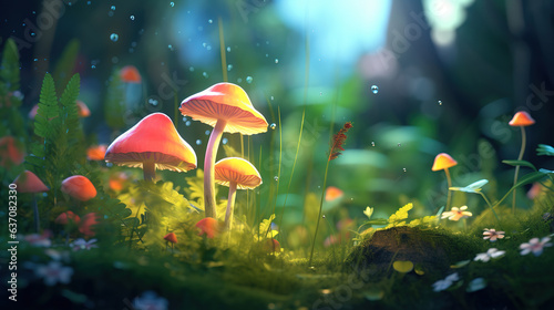 Group of mushrooms growing in the grass.Generative Ai