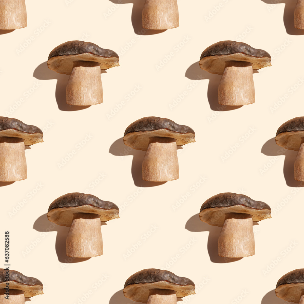 Forest mushrooms on pastel background with shadows. Seamless pattern. Autumn print. Botany design