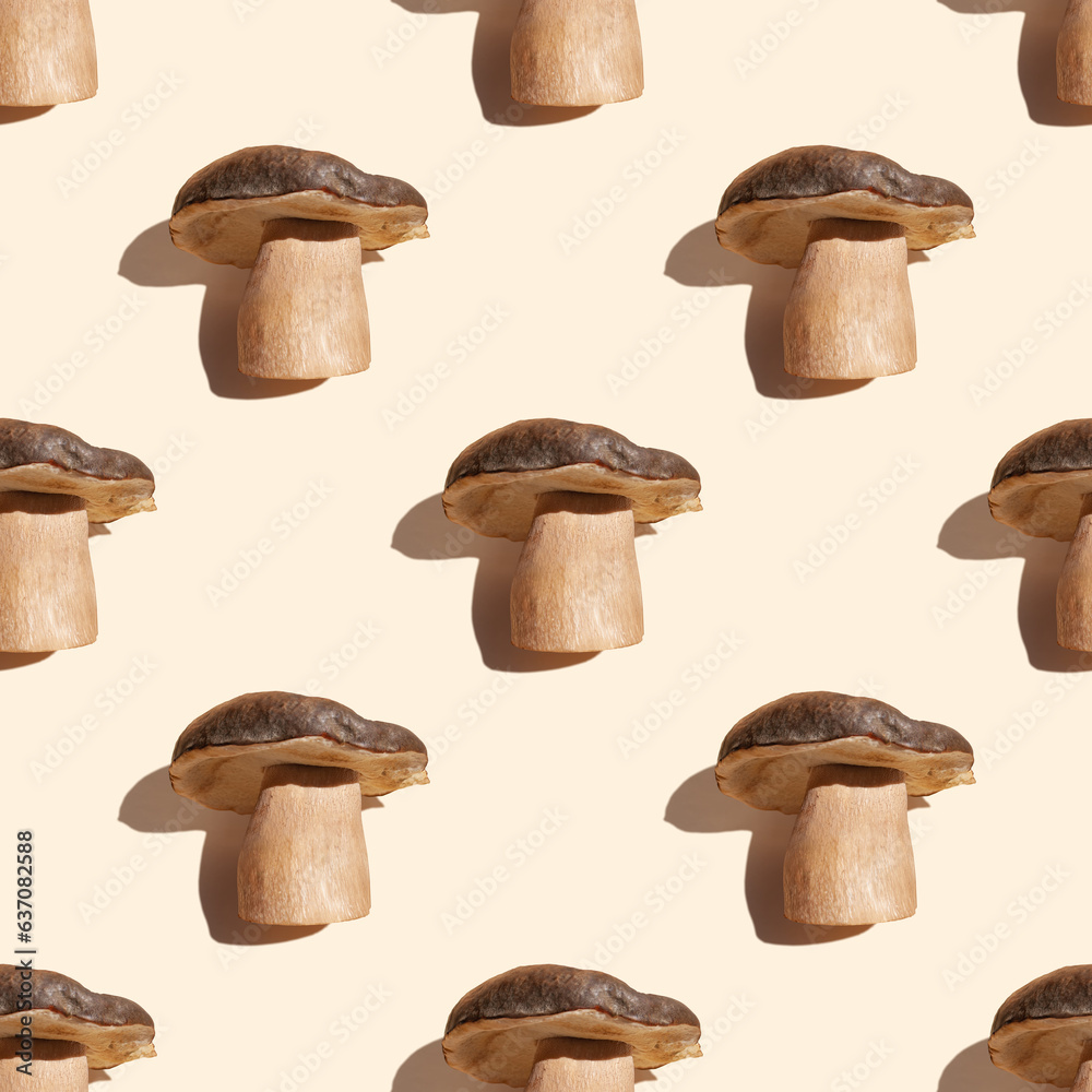 Autumn seamless pattern. Forest mushrooms on pastel background with shadows. Autumn fall print. Botany design Autumn seamless pattern. Forest mushrooms on pastel background with shadows. Autumn fall print. Botany design