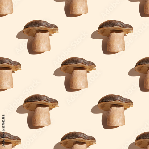 Forest mushrooms on pastel background with shadows. Seamless pattern. Autumn print. Botany design