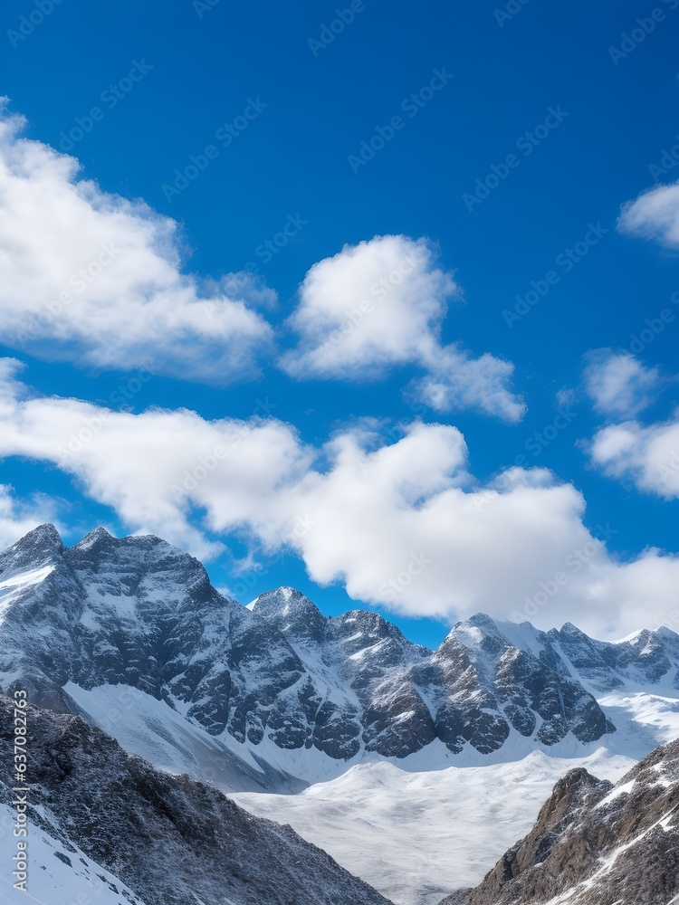 Obraz premium a view of a snowy mountain range with clouds and blue sky Generative AI