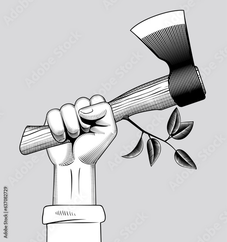 Black and white antique engraved drawing of a hand holding an iron axe with a tree branch sticking out of a wooden handle. Vector illustration