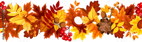 Seamless border with orange, yellow, and brown autumn leaves, rowan berries, and pine cones. Vector illustration