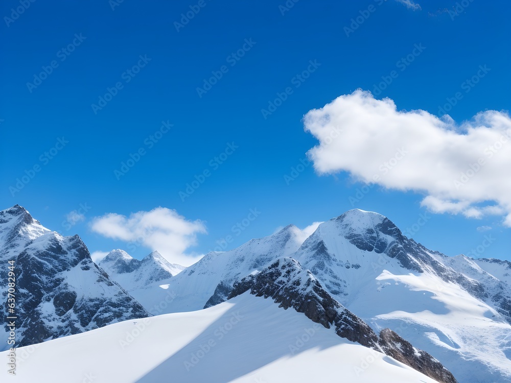 a view of a snowy mountain range with clouds and blue sky Generative AI