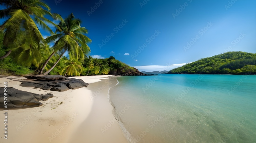 a view of a tropical beach with palm trees, sand, and turquoise water landscape photography Generative AI