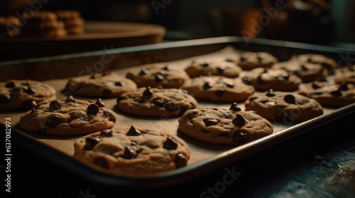 Chocolate chip cookies on a baking sheet.