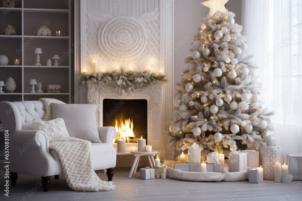 Illustration of Christmas tree and gift boxes in light white room interior