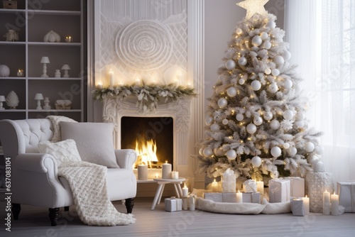 Illustration of Christmas tree and gift boxes in light white room interior