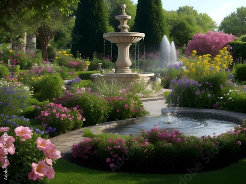 Fountain and Flowers in a Beautiful and Well-Manicured Garden Generative AI