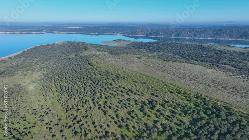 Surroundings of the Valdecañas Reservoir, landscape seen from a drone in the surroundings of the town of Bohonal de Ibor. Caceres. Estremadura. Spain. Europe photo