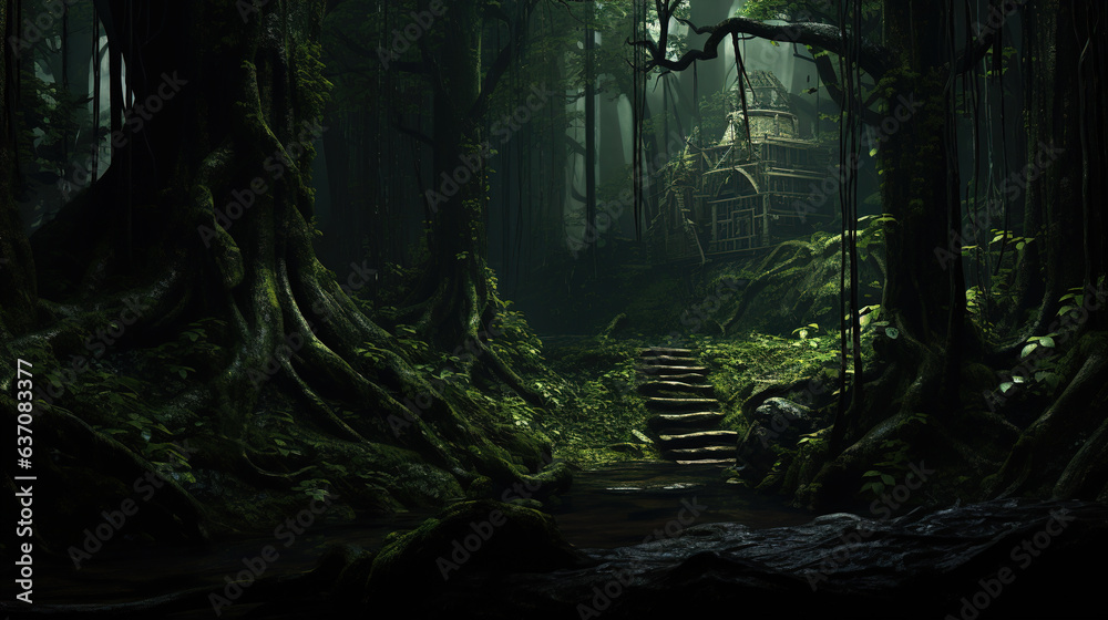 Obraz premium A path leading through a dark forest. Generative Ai