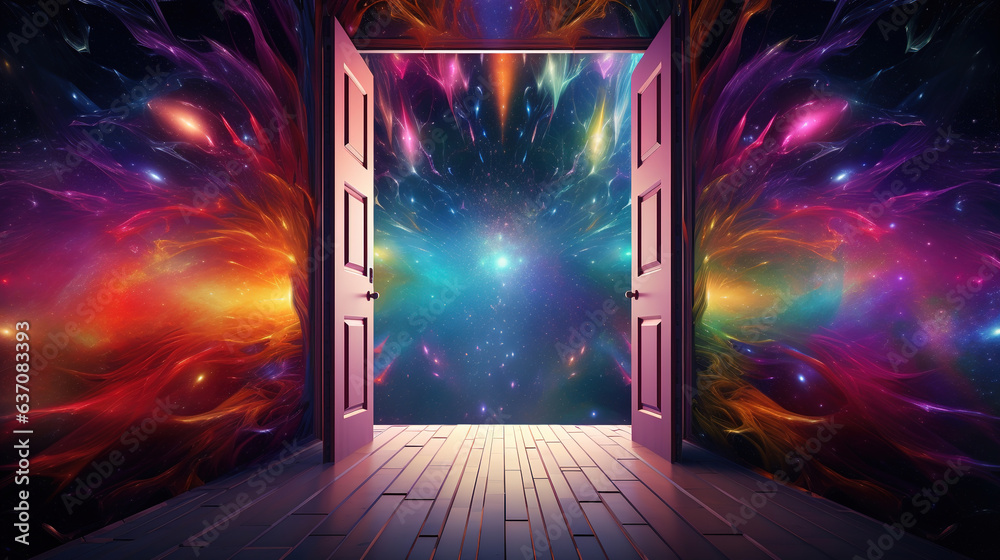 a door opening into a colorful galaxy. Generative Ai - obrazy, fototapety, plakaty 