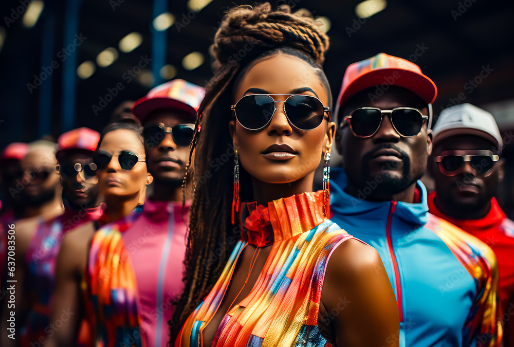group of people wearing sunglasses, dressed in fashionable clothing
