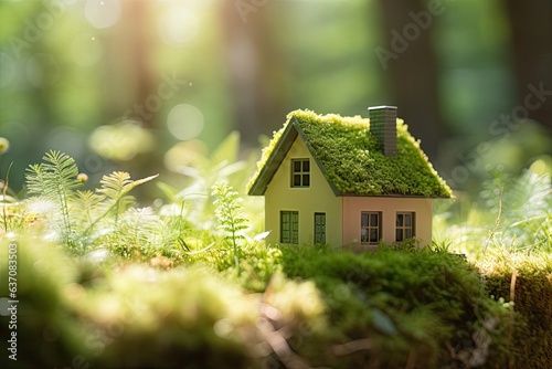 Cozy Woodland Retreat: Mini House with Charming Moss Roof (Generative AI)