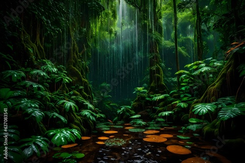 In the heart of a lush jungle  the rain and deluge descend in a torrential downpour - AI Generative
