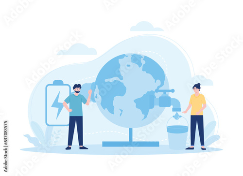 fill the earth with tap water concept flat illustration