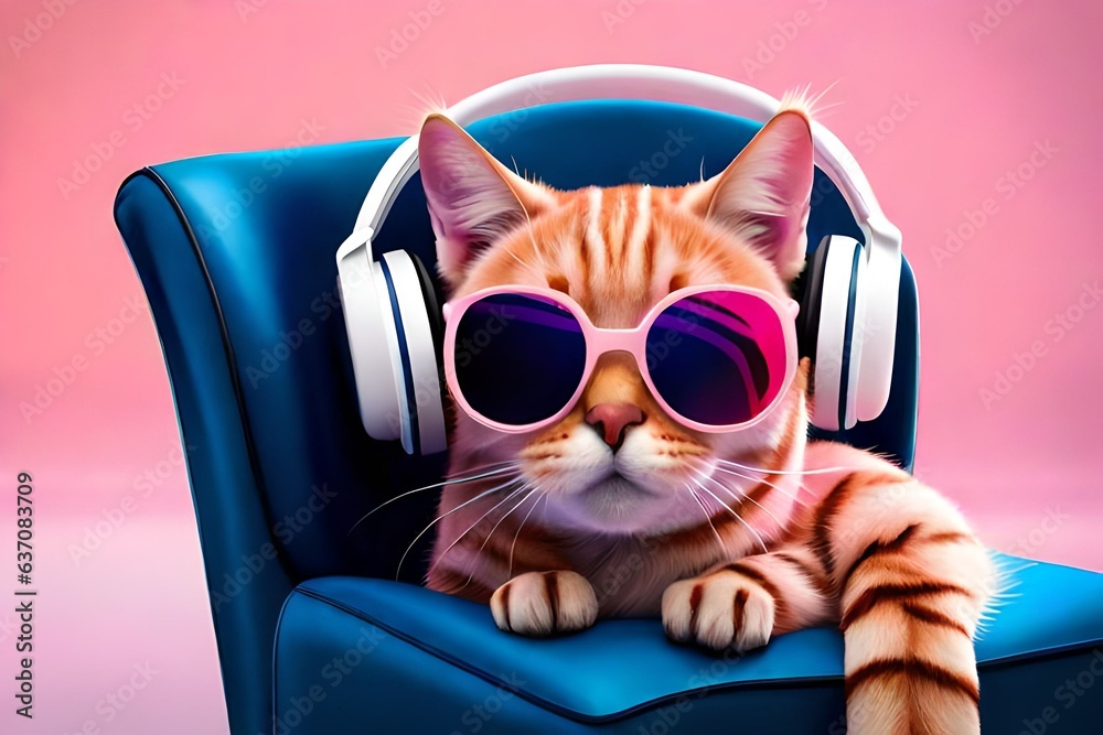 Cool cat in headphones and sunglasses listens to music sitting on chair with lovely background in fashion style. Generative AI illustration, use it for news and your music videos for your channel