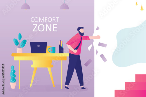 Ambitious businessman leaving comfort zone of office workplace. Motivation to move up career ladder. Confident businessman breaks the wall to change and start new life.