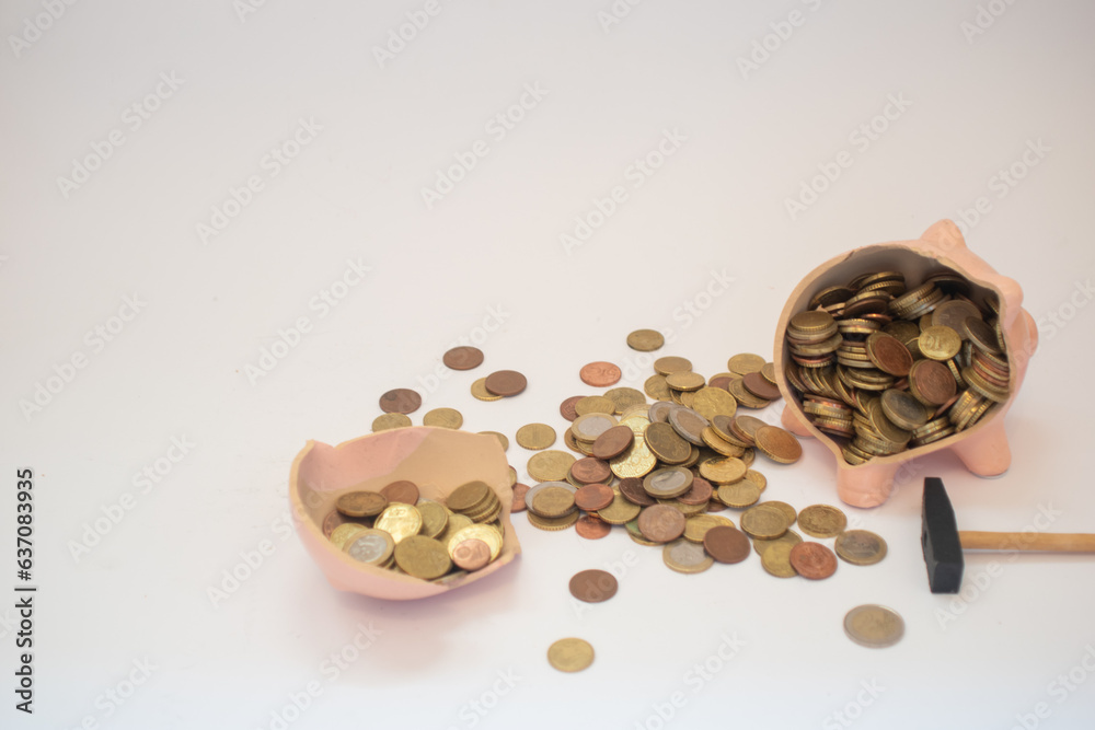 Euro money coins spilling out of a piggy bank on a white background. Savings, inflation, economy concept. Euro money coins spilling out of a piggy bank on a white background. Savings, inflation, economy concept.