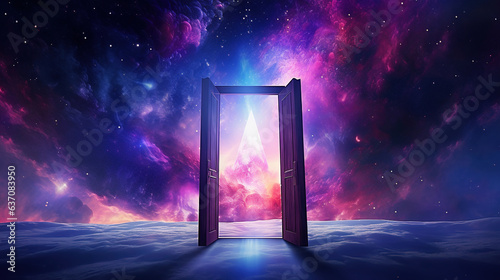 a door opening into a colorful galaxy. Generative Ai photo