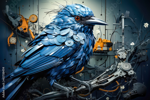 a bird illustration perched on a robotic branch, the feathers are made of metal, abstract background photo